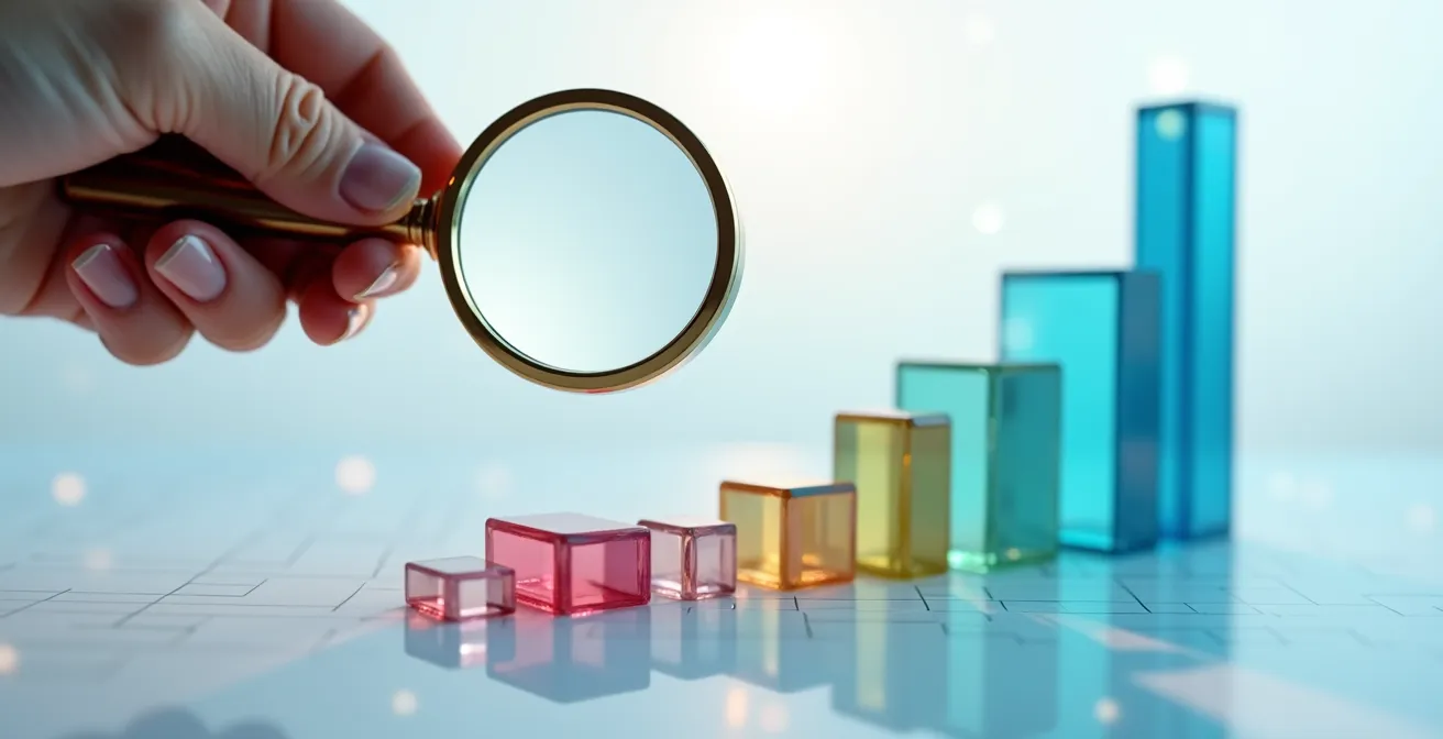 Main tenant une loupe examinant des graphiques colorés en trois dimensions