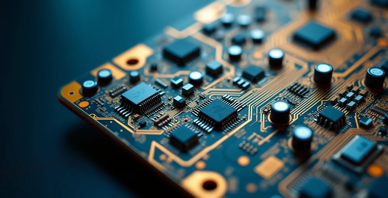 Vue macro d'un circuit imprimé avec jeu de lumière sur les composants dorés