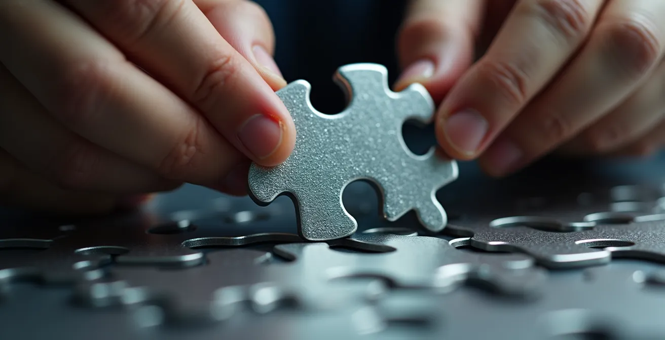 Vue macro d'une main assemblant méticuleusement des pièces d'un puzzle métallique complexe