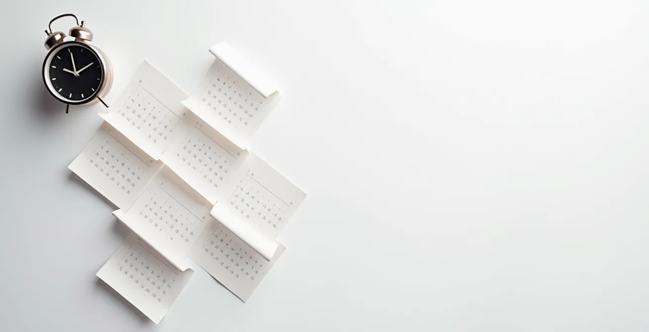 Vue aérienne minimaliste d'un bureau épuré avec calendrier et chronomètre disposés géométriquement