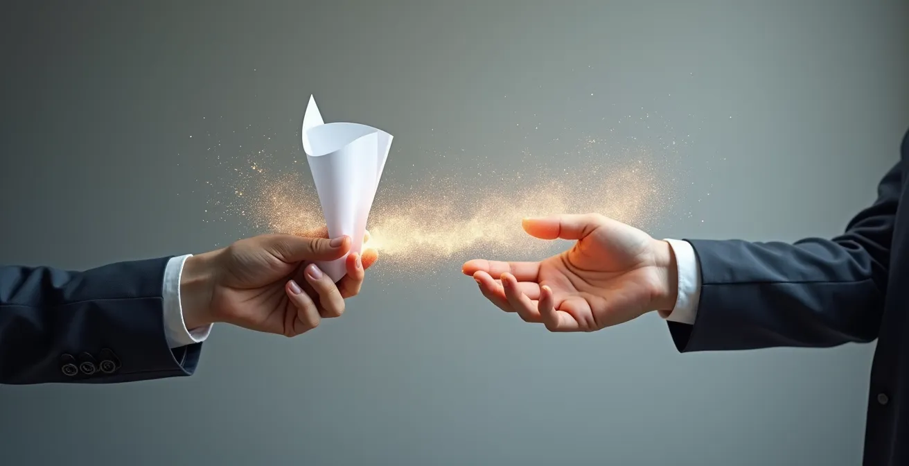 Deux mains se rejoignant, l'une tenant du papier qui se transforme en particules numériques