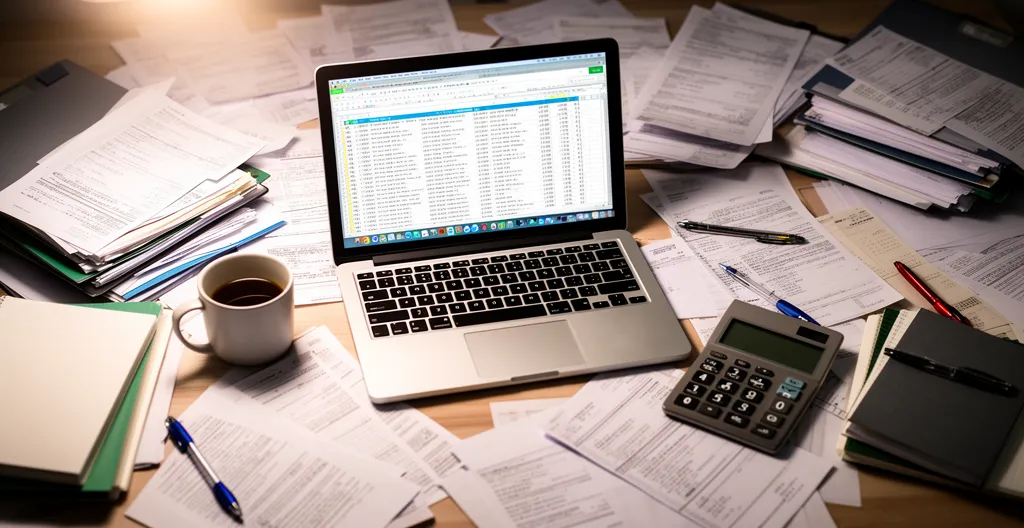 Bureau encombré avec factures et ordinateur portable illustrant le chaos du suivi manuel