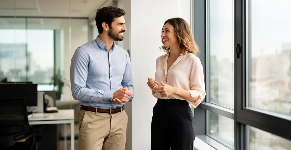 Deux collègues échangeant de manière détendue dans un environnement de bureau moderne