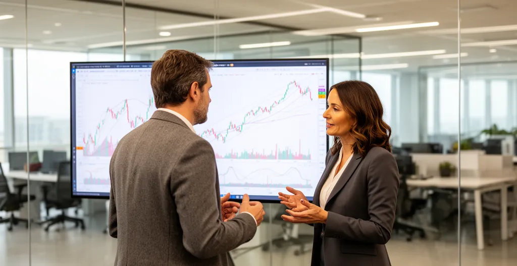 Deux collègues analysant des graphiques financiers pour optimiser le recouvrement