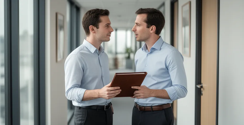 Deux collègues discutant dans un couloir de bureau moderne