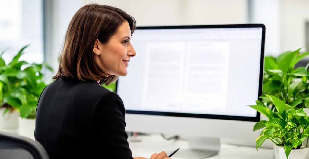 Professionnelle consultant un document sur écran dans un bureau lumineux, externalisation PV CSE