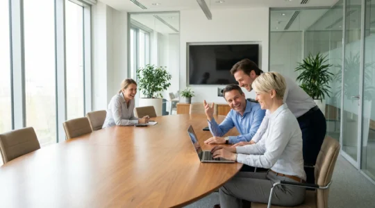 Réunion CSE avec élus en discussion animée autour d'une table ovale