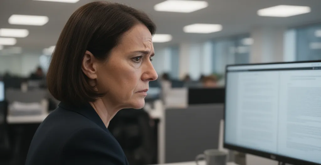 Secrétaire CSE relisant un document sur écran avec expression concentrée