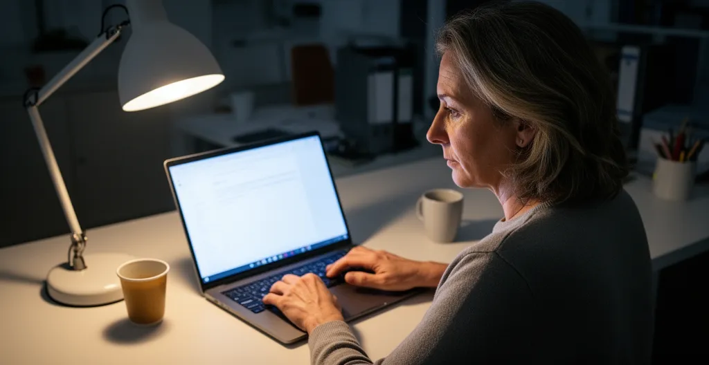 Secrétaire de CSE travaillant seule le soir sur la rédaction d'un procès-verbal