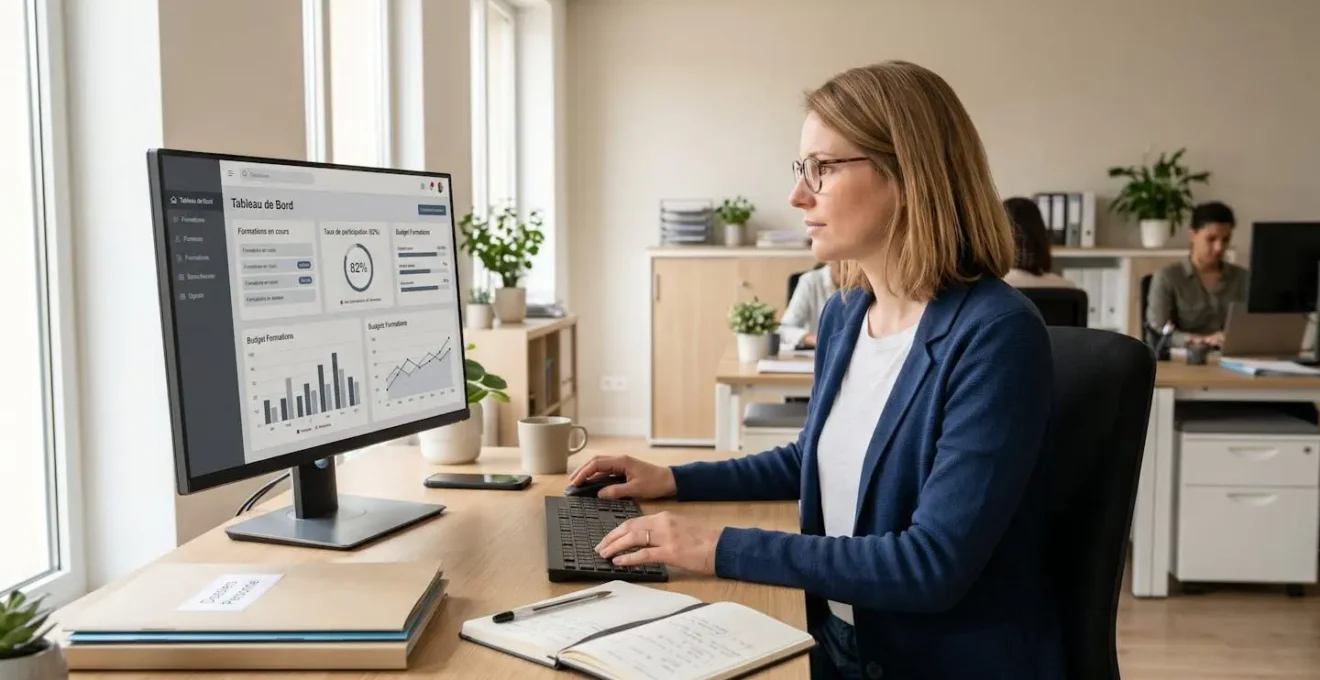 Responsable formation travaillant sur un tableau de bord numérique de gestion de la formation dans un bureau RH contemporain en France