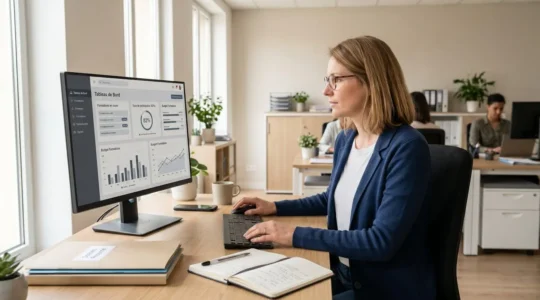 Responsable formation travaillant sur un tableau de bord numérique de gestion de la formation dans un bureau RH contemporain en France