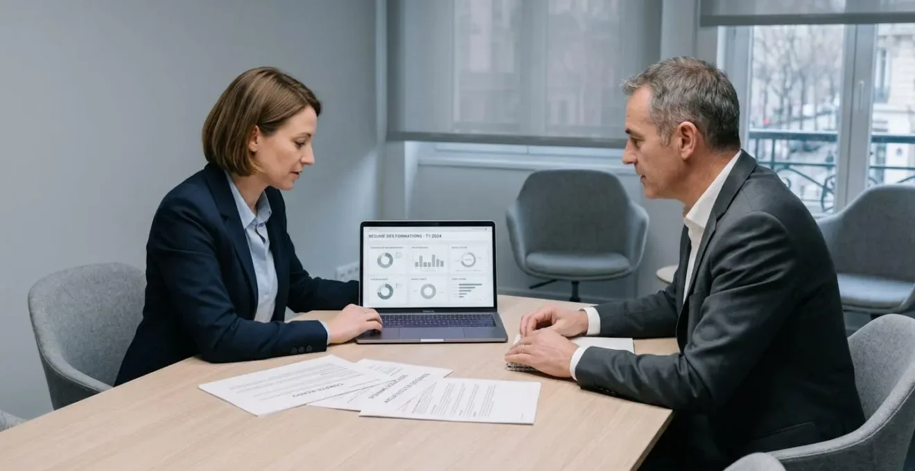 Réunion de travail entre responsable formation et direction RH dans une salle de réunion d'entreprise en France pour évaluer les outils de gestion
