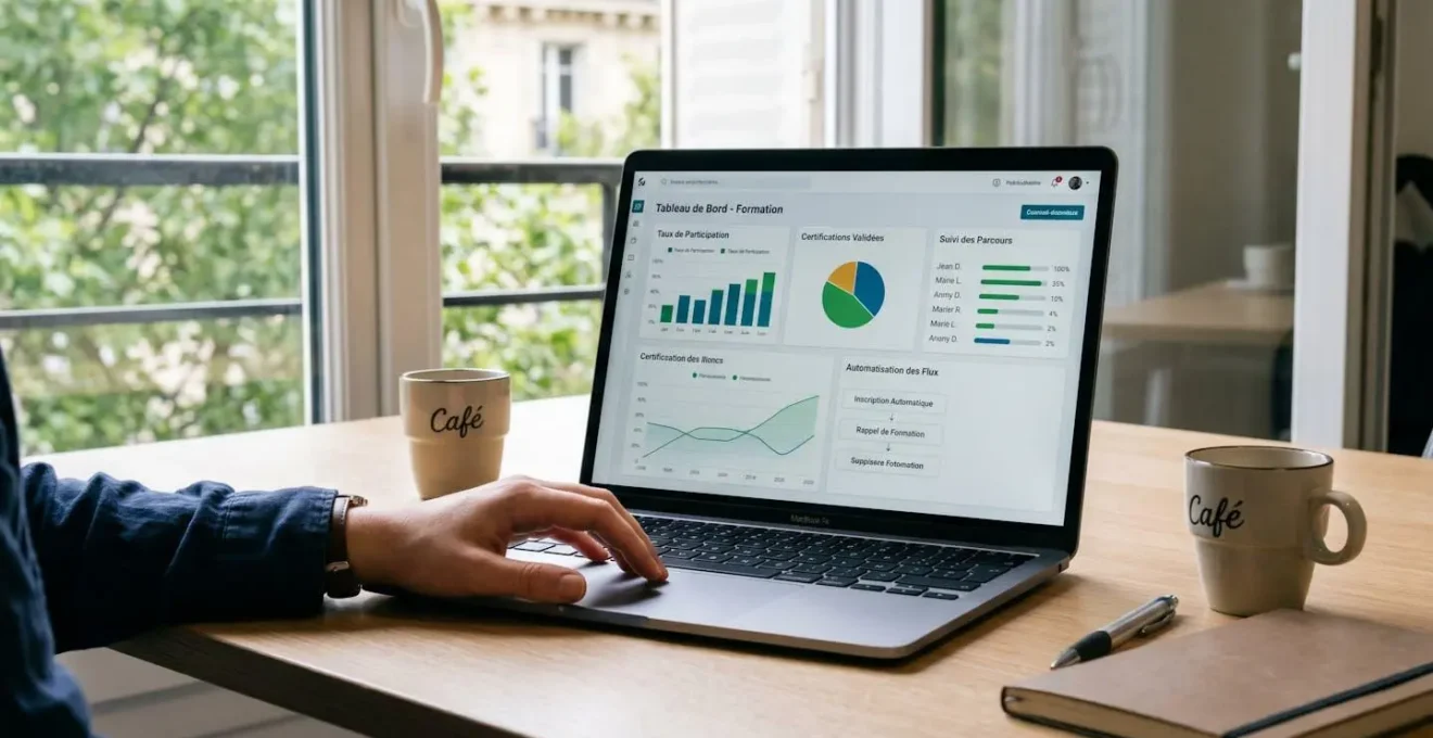 Interface de tableau de bord d'un logiciel de gestion de la formation TMS affichée sur un écran d'ordinateur dans un bureau RH en France