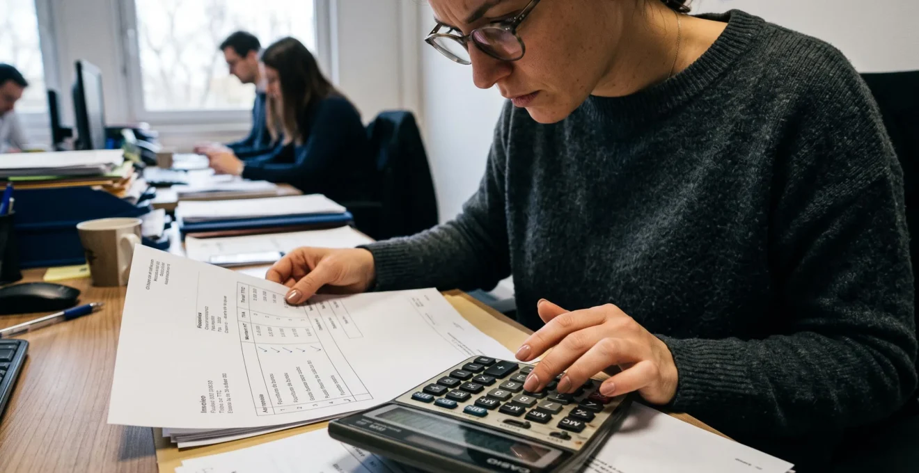Comptable vérifiant une facture avec une calculatrice dans un bureau français