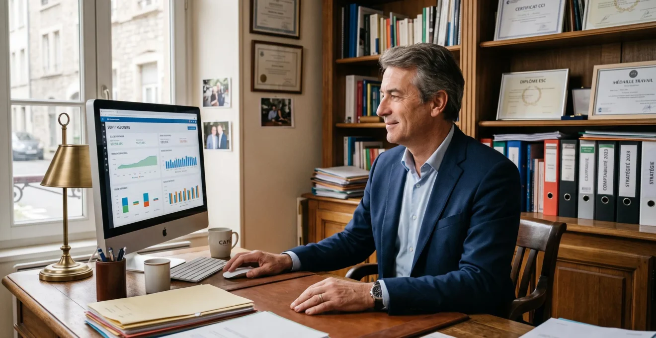 Dirigeant de PME consultant un tableau de bord de trésorerie dans son bureau avec une expression confiante