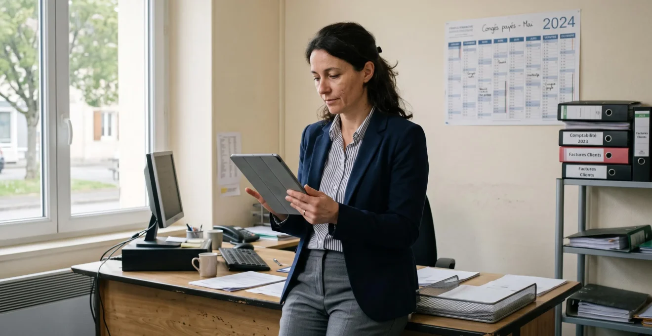 Responsable administratif consultant des factures électroniques sur tablette dans un bureau de PME française