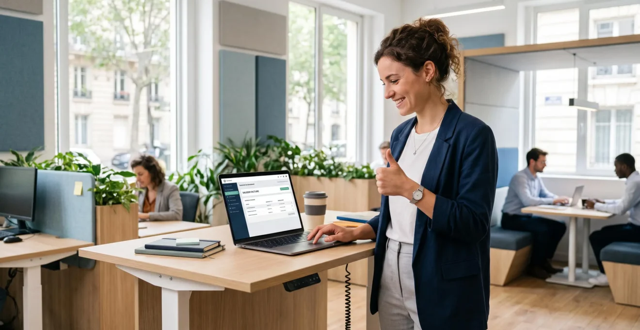 Jeune professionnel validant une facture sur une plateforme de facturation électronique dans un espace de travail moderne